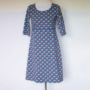 Dress cotton jersey retro flower, 3/4 sleeve, knee length, with border, round neck