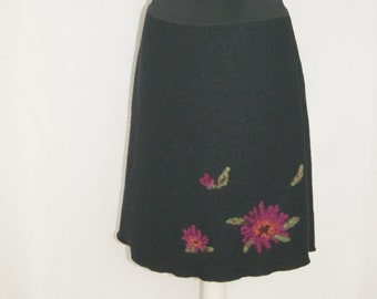 Skirt knee-length A-shape black wool with floral appliqué