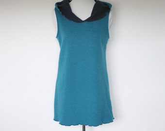 Wool tunic with hood double face turquoise dark blue, sleeveless, wool/cotton knit