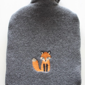 Hot water bottle cotton fleece grey with fox embroidery