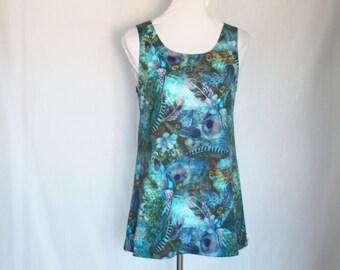 Tunic top made of Oeko-Tex cotton jersey, turquoise/blue, with feathers and peacocks, sleeveless
