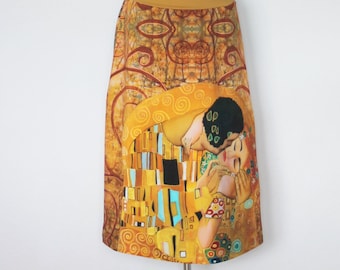 7/8 Rock Ökotex-Baumwoll-Jersey Klimt-Motiv "Der Kuss", Digitalprint, wadenlang, Midirock
