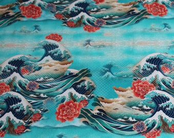 Ökotex cotton jersey pattern waves, like Japanese art, turquoise/coloured, Stenzo fabric