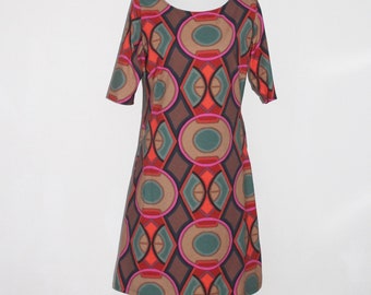 Kleid Baumwolljersey großes geometrisches Muster im Retrostil, knielang, 3/4 Arm, Rundhals, Schnitt im Sixties Stil