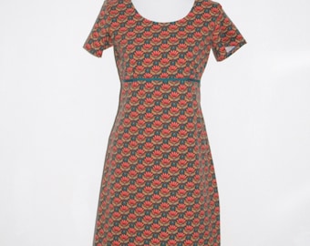 Kleid Baumwolljersey mit Retroblumen, petrol/rot, Kurzarm, knielang mit Borte, Rundhalsausschnitt