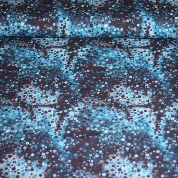 Jersey de coton turquoise/bleu foncé/violet aquarelle, batik avec gouttes lumineuses