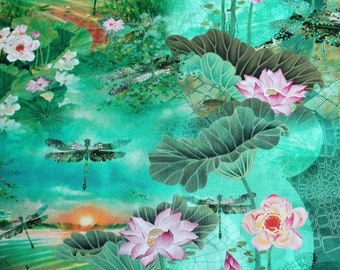 Ökotex cotton jersey turquoise/colorful, sunset, dragonflies, water lilies, digital print by Stenzo