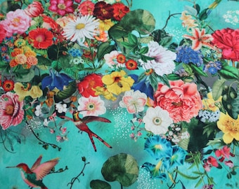 Ökotex-Baumwolljersey türkis, bunt mit Kolibris & Blumen, Digitalprint von Stenzo