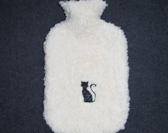 Wärmflasche Baumwollplüsch naturweiß mit Stickerei Katze