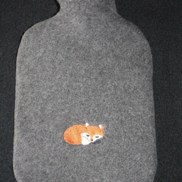 Hot water bottle 100% organic cotton fleece grey with sleeping fox embroidery