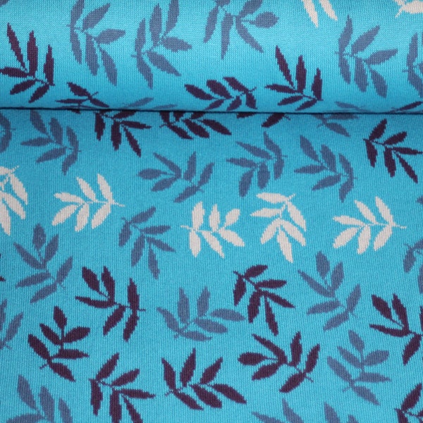 BIO Strick-Jacquard mit Muster türkisgrundig blau/weiße stilisierte Zweige 100% Baumwolle