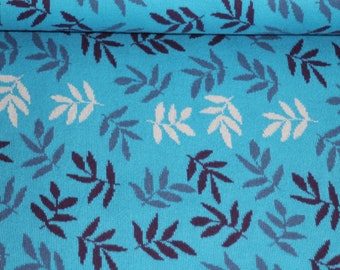 ORGANIC knitted jacquard with pattern turquoise blue/white stylized branches 100% cotton