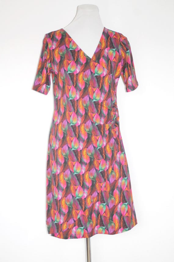 Shirt dress, 3/4 sleeves, cotton jersey, wrap style, colorful leaf pattern, knee-length