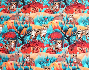 Katoenen sweatjersey met abstract patroon met bomen en luipaarden in turquoise/rood/oranje, digitale print, van Stenzo