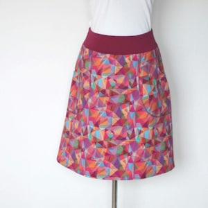 Skirt with pockets, A-line, cotton sweat jersey colorful kaleidoscope pattern, knee length