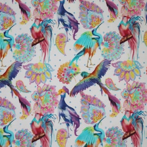 Ökotex cotton jersey colorful birds of paradise on white, digital print by Stenzo