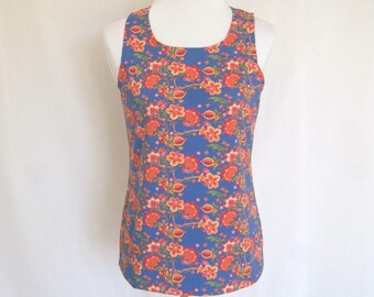 Top Ökotex cotton jersey colorful floral pattern retro style on denim blue XS-L