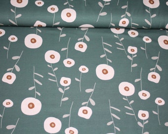 Cotton jersey large abstract flowers retro style dark mint/white