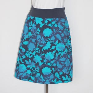 Jersey skirt A-line, cotton jersey large, abstract flowers turquoise/dark blue, knee-length