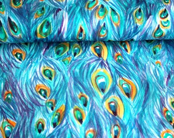 Ökotex katoenen jersey turquoise/blauw met pauwenveren digitale print van Stenzo