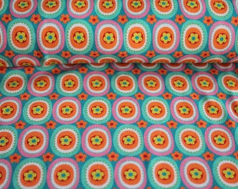 Baumwolljersey blau/bunt Kringel, fröhlich buntes Retromuster