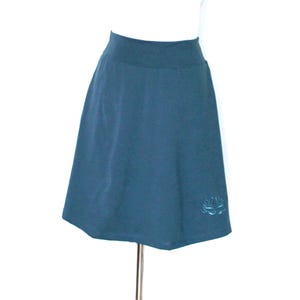 Jersey skirt made of Oekotex cotton jersey, smoke blue plain with lotus flower embroidery, knee-length