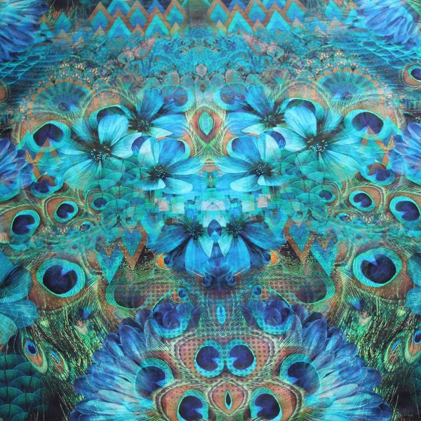 Panel Ökotex cotton jersey turquoise/blue with large peacock feathers and flowers, digital print by Stenzo