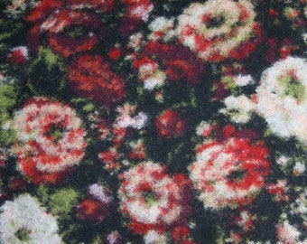 Thin wool fabric floral pattern red/white/green on black