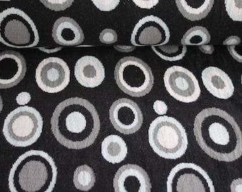 ORGANIC knitted jacquard with a pattern on a black background with circles/squiggles, grey/white, 100% cotton