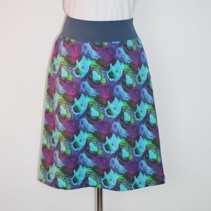 Jersey skirt A-line, Ökotex cotton jersey blue/turquoise/green/purple watercolor pattern large, knee-length
