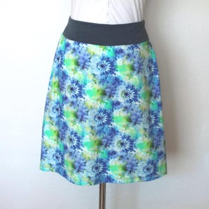Jersey skirt A-line, Ökotex cotton jersey blue/turquoise/green, pattern watercolor/batik flowers, knee-length