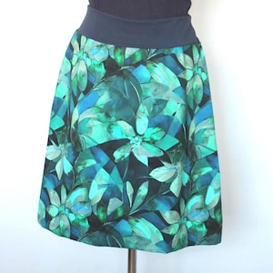 Jersey skirt A-line, cotton jersey with large abstract flowers in aqua/turquoise/blue, knee-length