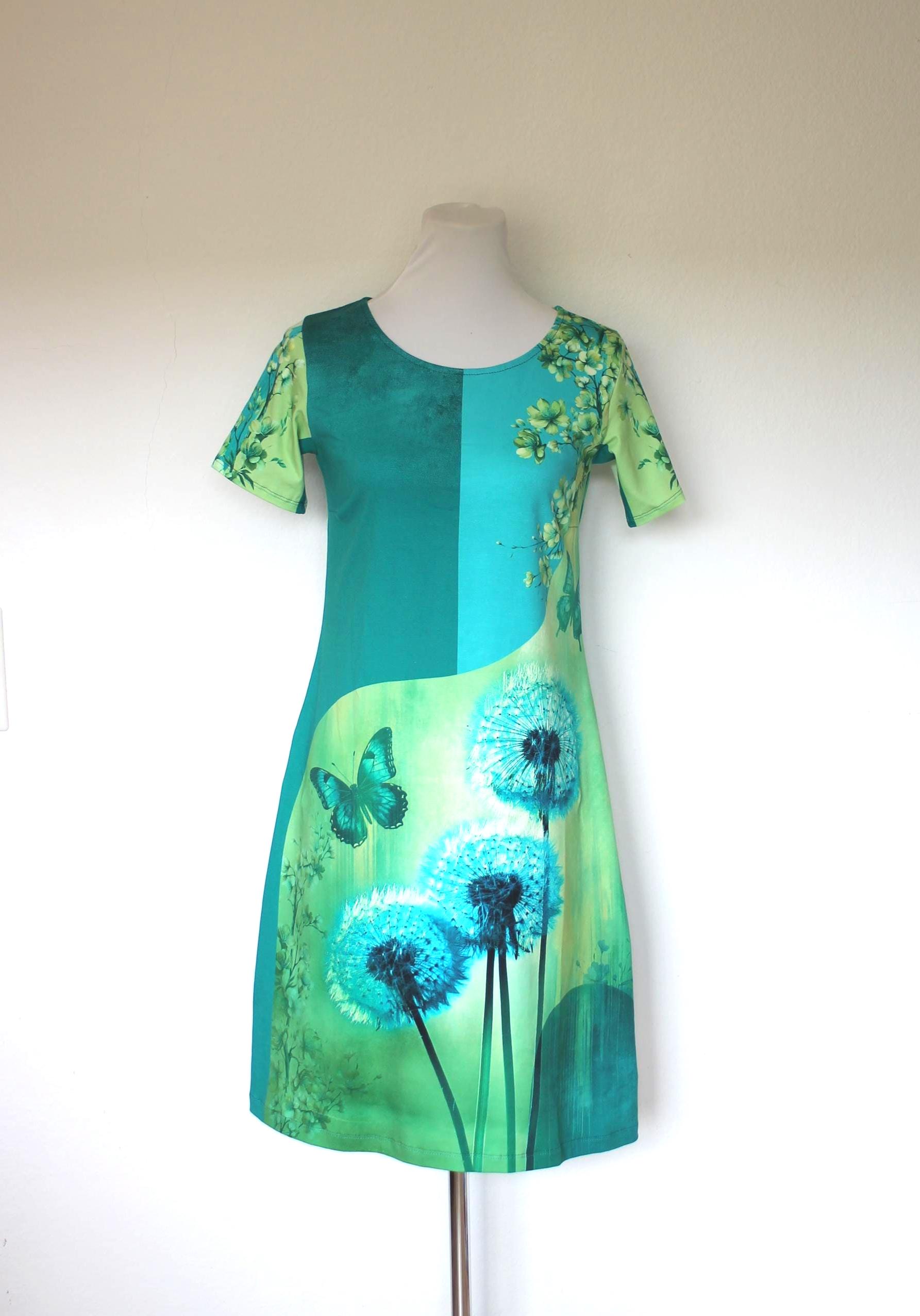 Jersey dress 3/4 sleeve digital print with large dandelions, turquoise/petrol/lime green abstract pattern, knee-length