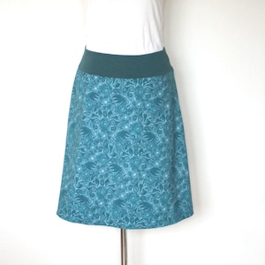 Jersey skirt A-line, cotton sweat jersey knee-length aqua/turquoise filigree pattern