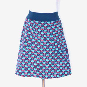 Skirt with pockets, A-line, cotton jersey retro pattern geometric flowers turquoise/orange/berry on blue, knee-length