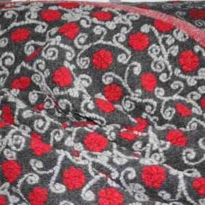 Wool felt fabric dark grey with red flowers & light grey tendrils, patterned felt, wool fabric, coat fabric