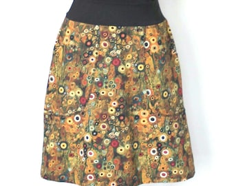 Damesrok van katoenen jersey met zakken, knielengte, A-lijn, bloemenpatroon in Klimt-stijl, aardetinten, goudoker, comfortabel, elastische tailleband
