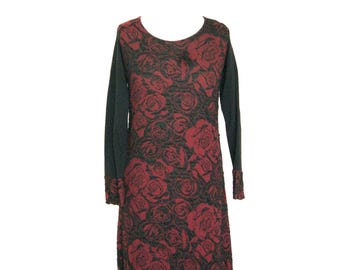 Knee-length dress, dark red/black, cloqué jersey, rose pattern, long sleeves, round neck, material mix