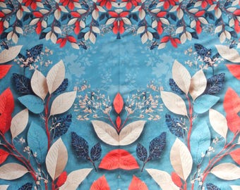 May include: A blue fabric with a pattern of red, white, and blue leaves. The leaves are arranged in a symmetrical pattern.