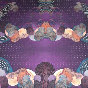Può includere: Motivo astratto nei toni del viola, verde acqua, arancione e crema. Il design presenta forme simmetriche a forma di nuvola con intricati dettagli di linee, su uno sfondo a pois. L'opera d'arte ha un design simmetrico.