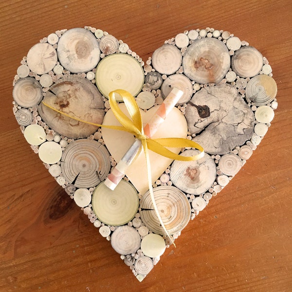 Geldgeschenk Goldene Hochzeit, Geldgeschenk Geburtstag, Hochzeitsgeschenk, goldenes Schleifenband, Herz, Holz, Holzherz, Holzdeko