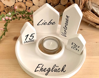 Geschenk 15. Hochzeitstag, Kristallhochzeit, 15 Ehejahre, Windlicht, Geldgeschenk, Deko Häuser