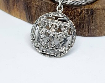 Lotus Flower Mandala Om Aum Silver Plated Buddhist NecklacesTantric Pendant Set