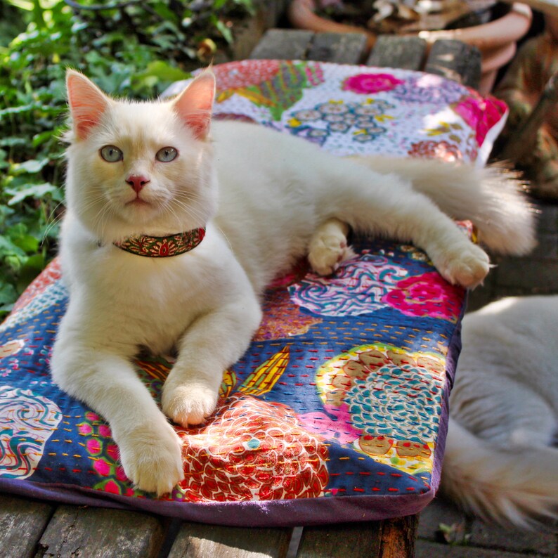 May include: A white cat with blue eyes wearing a brown and green collar is lying on a colorful patterned cushion. The cushion has a blue background with red, pink, yellow, and green floral designs.