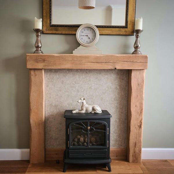 Solid Oak Beam Fireplace Surround, 1.2m Mantel, Handcrafted English Oak (Fitting Kit Included)