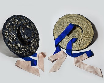 Hand-crafted Navy Blue Sisal (top of the hat) & Natural Sinamay Straw (inner hat) with Two-Tone Silk Ribbons | Royal Ascot | Summer Hat
