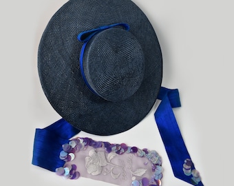 Sombrero Parasisal azul marino con cintas de organza de seda bordadas a mano / Royal Ascot / Kentucky Derby / Cartwheel Hat / Wedding Hat / SummerHat