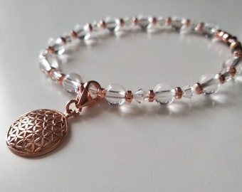 Bracelet délicat en blanc en cristal de roche avec pendentif en argent 925 plaqué or rose fleur de vie bijoux de mariée mariage