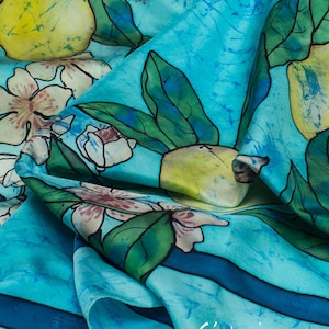 Hand-Painted Mulberry Silk Scarf: Lemony Mediterranean Shawl