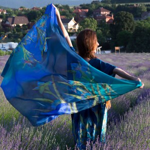 Turquoise hand painted silk scarf with Van Gogh iris  &quot;unique handmade silk scarf with VanGogh irises&quot;